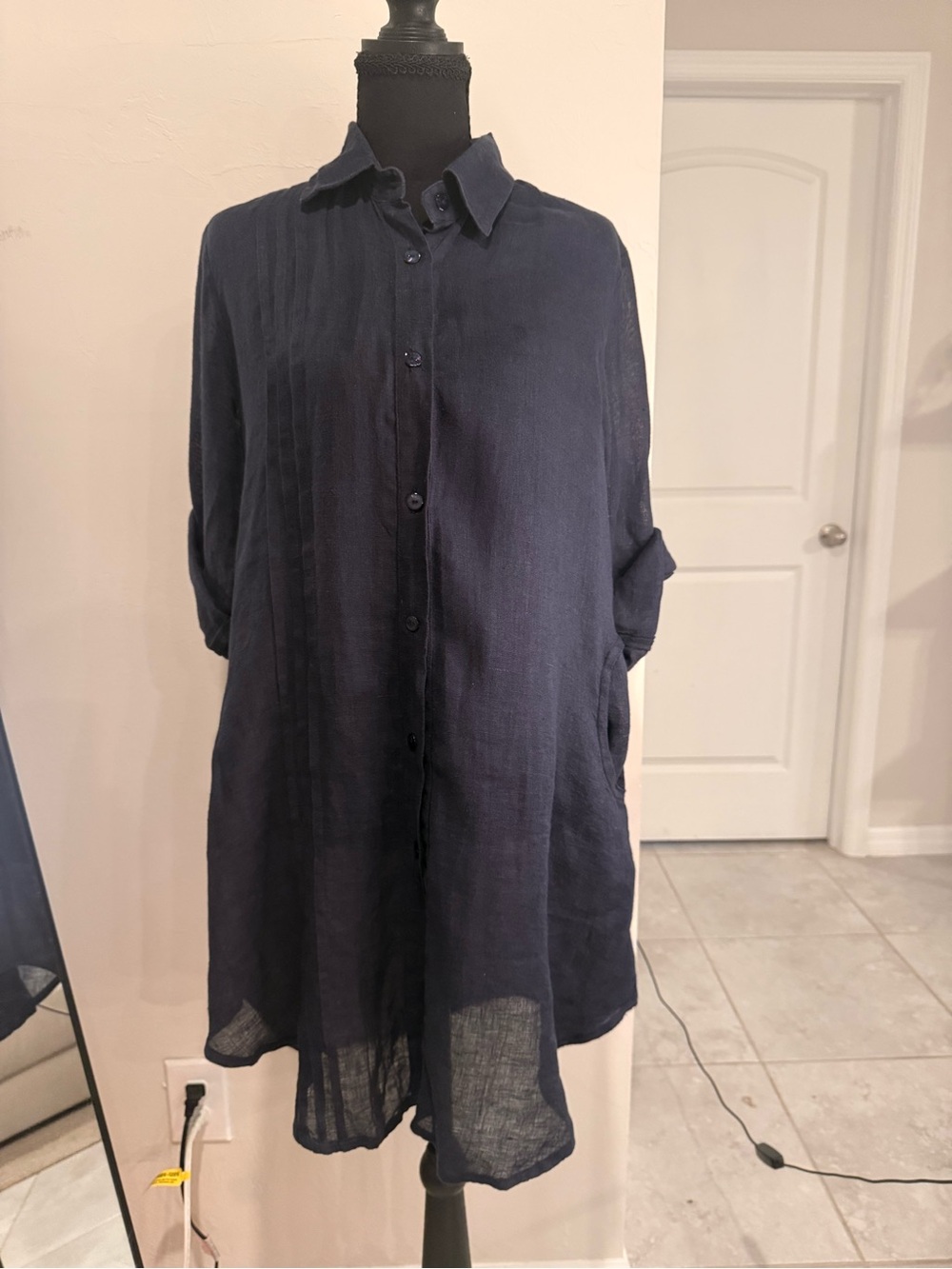 100% Linen Navy Longline Casual Button-Down Shirt Made in Italy